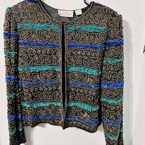 Lawrence Kazar Beaded Jacket | Black with Blue & Teal Embellishment | Evening St